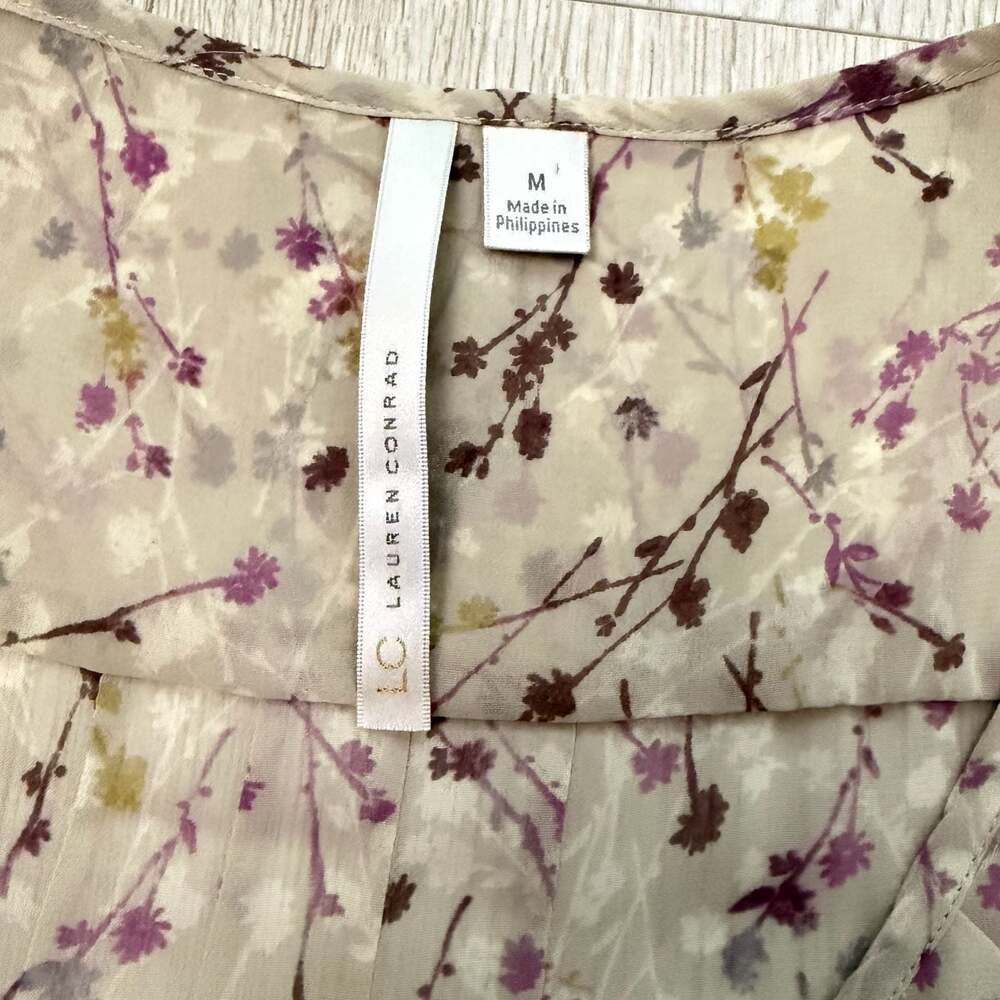 LC Lauren Conrad Women's Floral Ruffle Button-Down Sheer Blouse - Picture 4 of 5